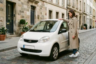 Femme examinant une voiture sans permis blanche garée dans une rue pavée européenne