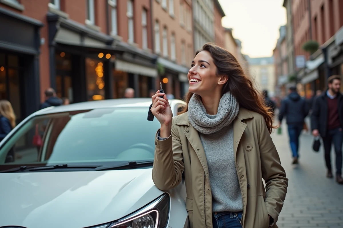 Femme souriante devant sa voiture en ville dynamique