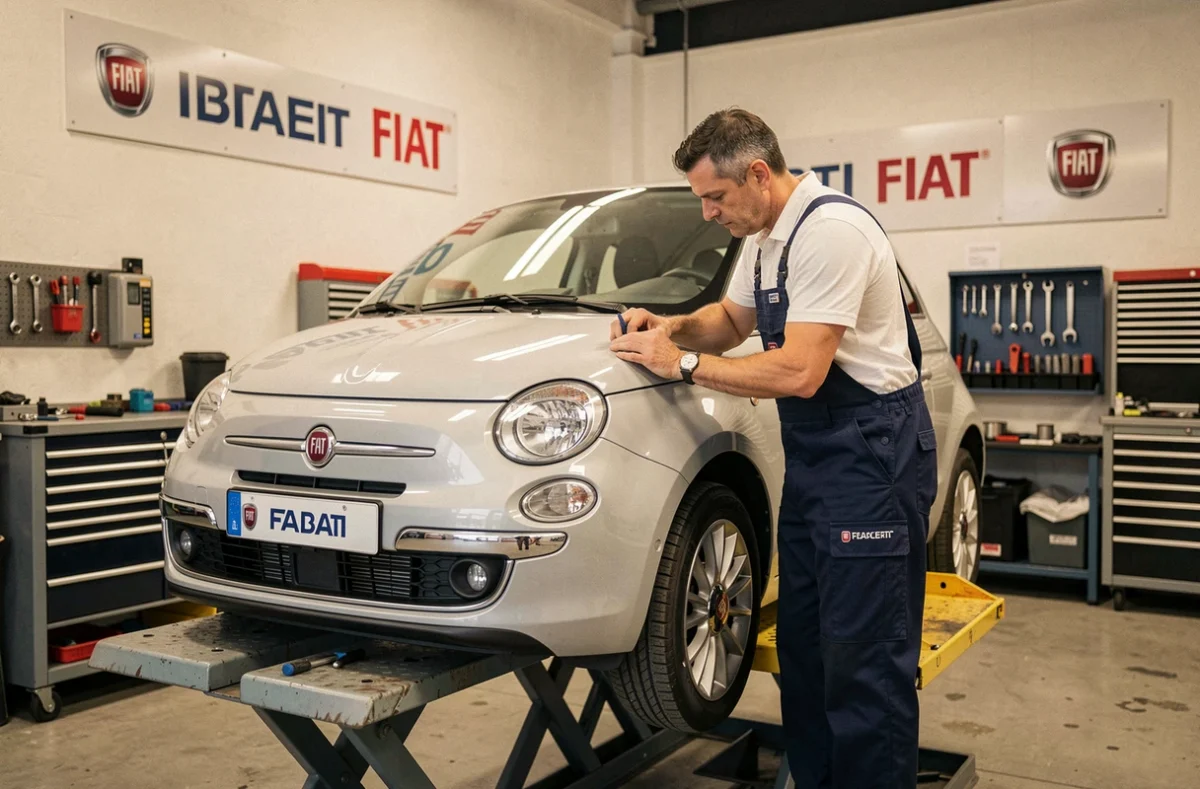 Mécanicien agréé effectuant l'entretien d'une Fiat 500 dans l'atelier du spécialiste Fiat Maurel Albi dans le Tarn