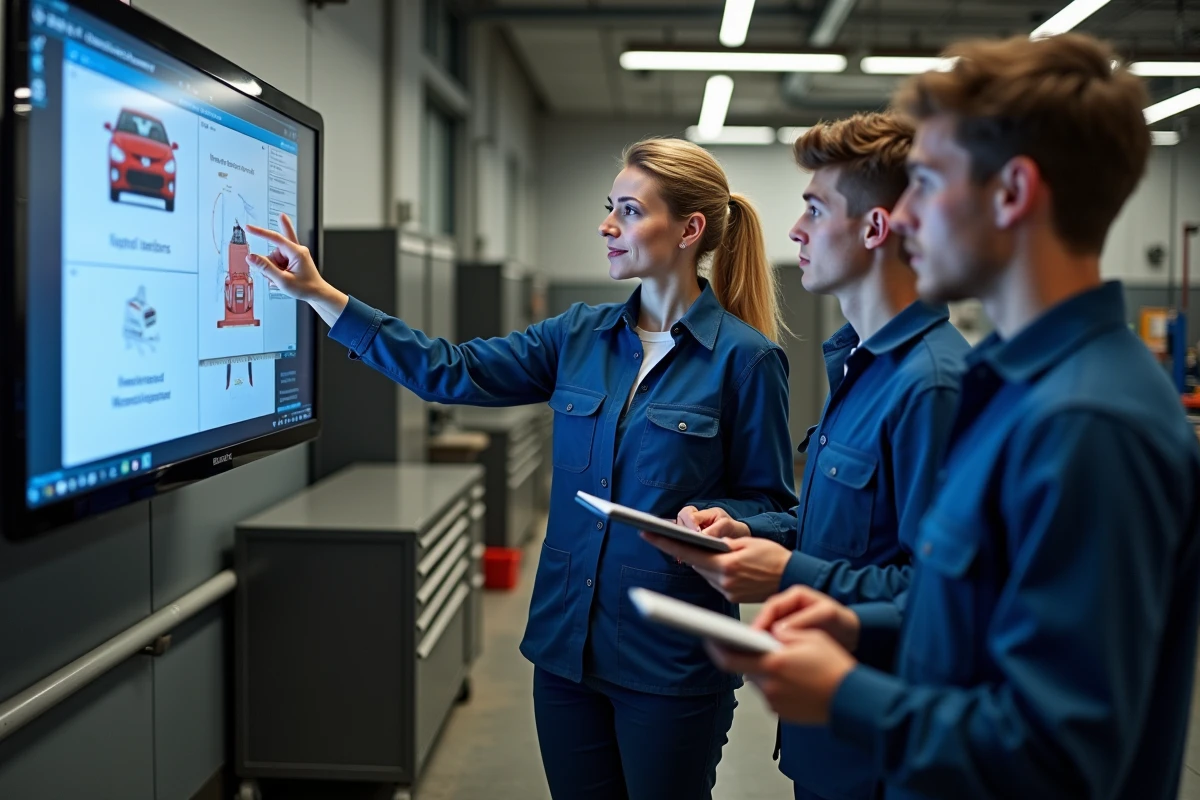 Formatrice expliquant un logiciel automobile &agrave; deux apprentis