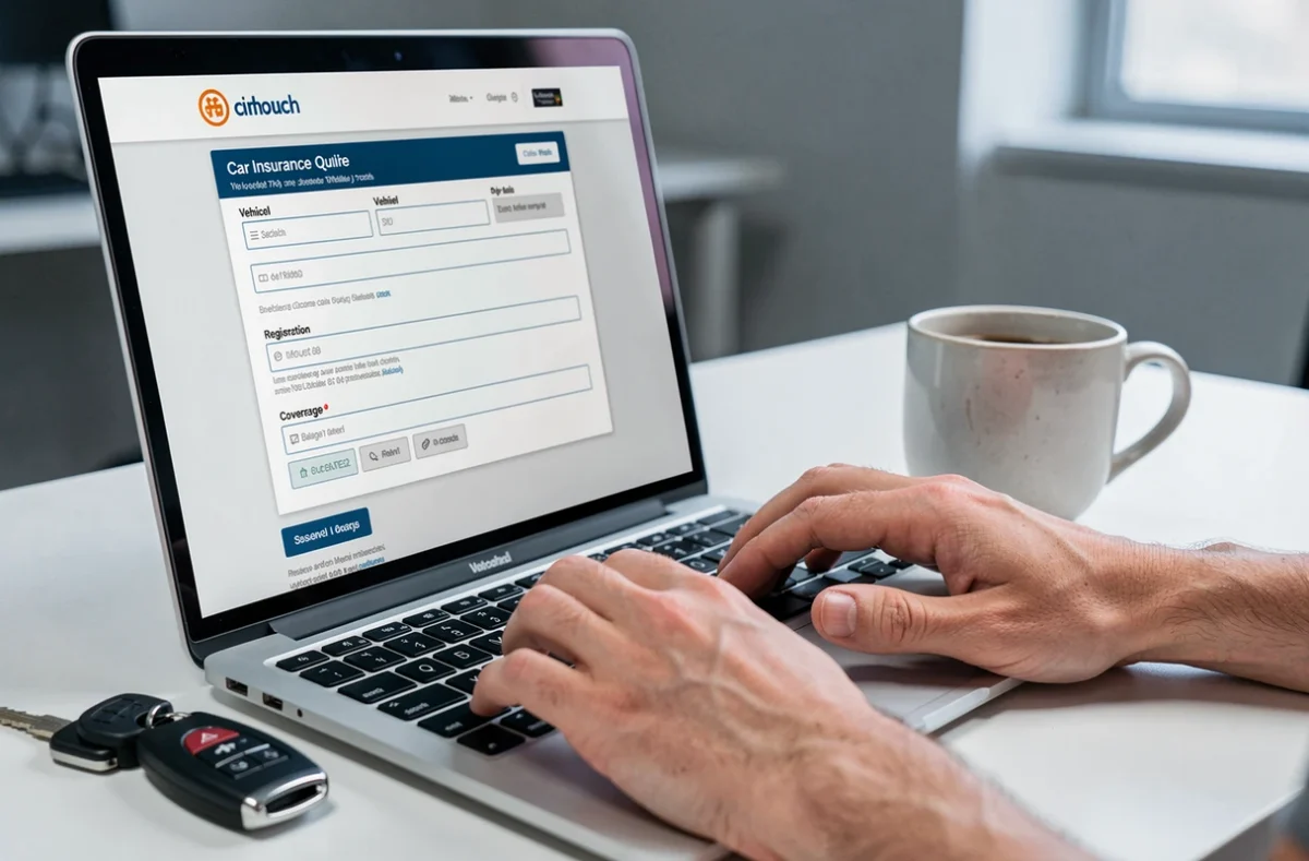 Mains tapant sur un ordinateur pour remplir un formulaire de devis assurance voiture en ligne
