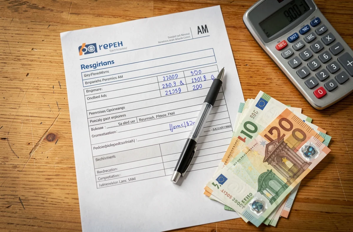 Formulaire d'inscription au permis AM avec calculatrice et billets en euros sur une table en bois