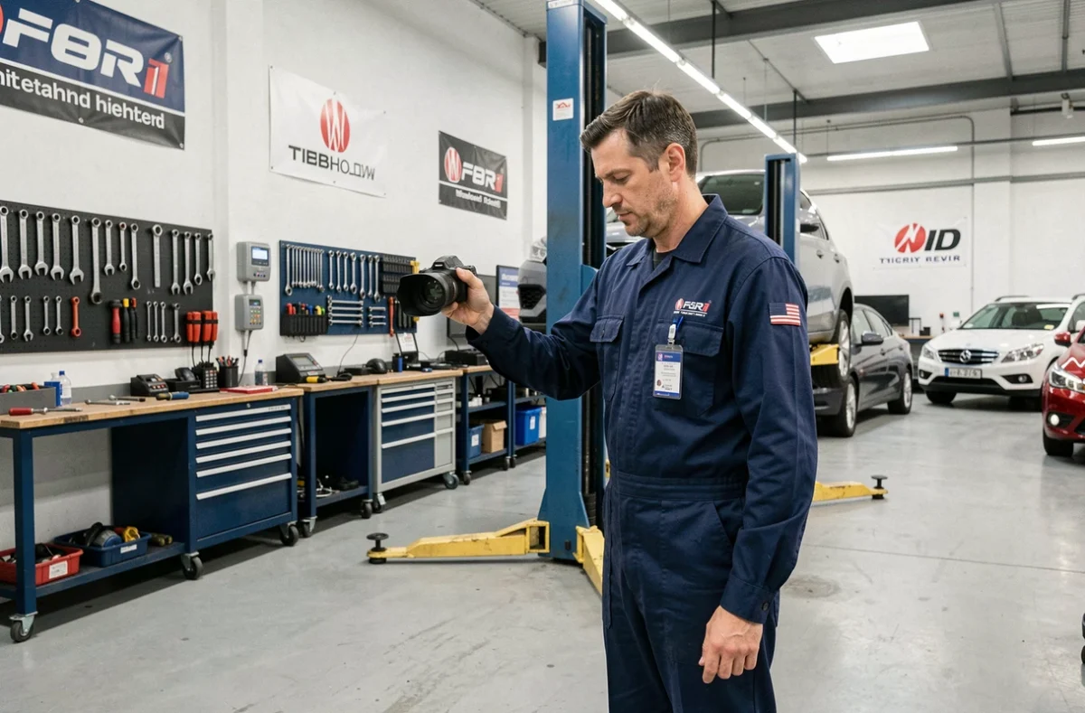 Atelier polyvalent du Garage Cador avec réseau qualité affiché et mécanicien au travail