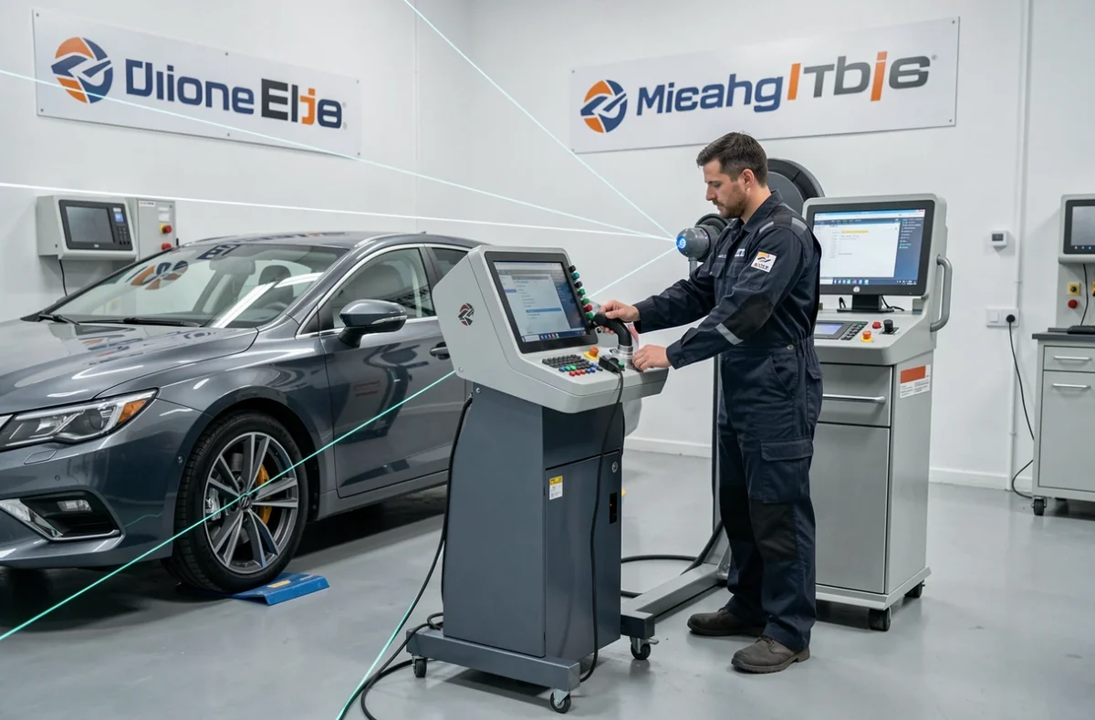 Technicien utilisant une machine d'alignement de roues de haute précision dans les ateliers du Garage HTC
