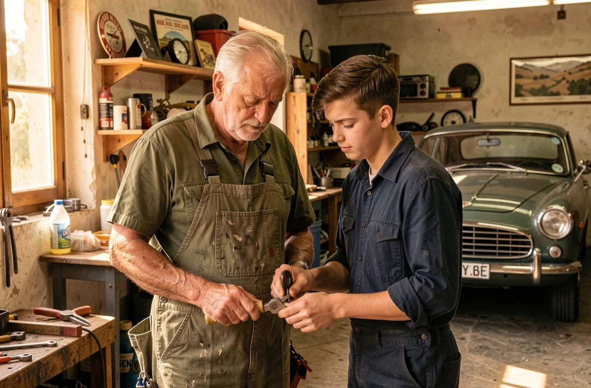 Mécanicien expérimenté et son apprenti travaillant ensemble dans la structure familiale Garage La Jass'Auto dans l'Hérault