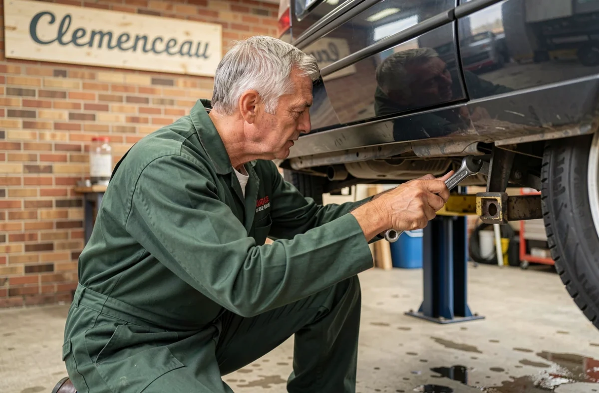 Mécanicien du Garage Le Clemenceau travaillant sur une voiture à Saint-Vincent-sur-Jard