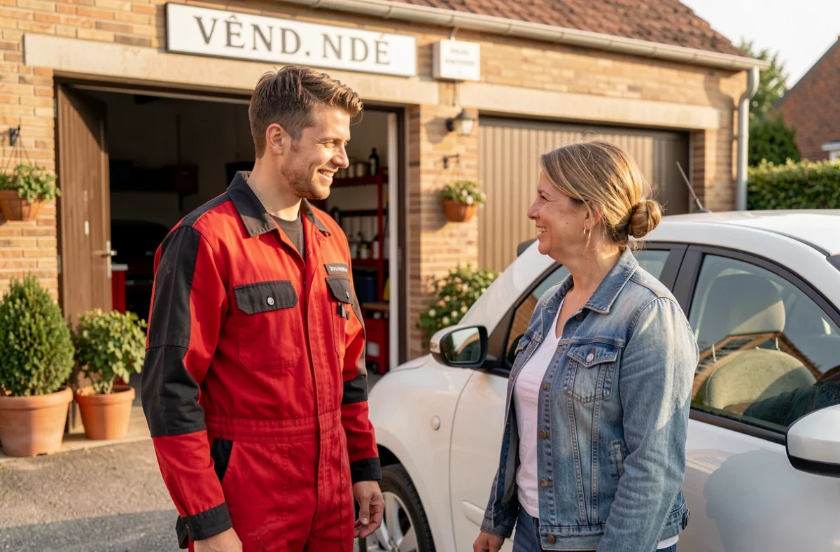 Mécanicien du Garage Pasquier Jeremy échangeant avec une cliente dans son garage de proximité en Vendée