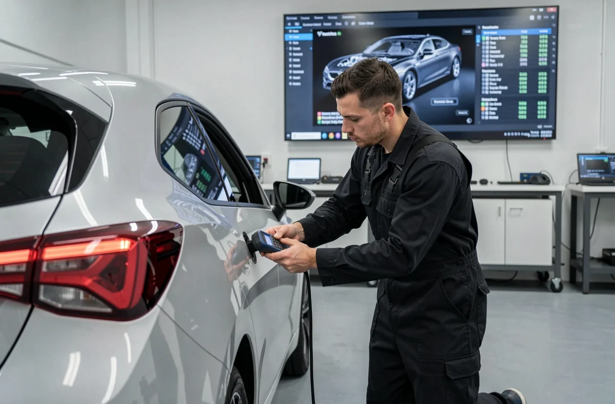 Technicien branchant un scanner de diagnostic OBD dans l'atelier orienté diagnostic Garage S91 en Occitanie