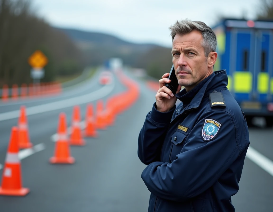 Gendarme français en intervention sur le bord de l'autoroute, gestion de la circulation après un accident dans le Nord