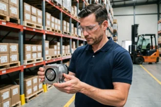 Responsable logistique examinant un variateur PT Drive dans un entrepôt industriel avec des stocks de composants en rayonnage