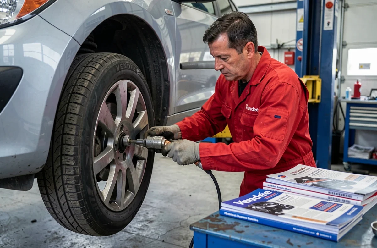 Spécialiste mécanicien de Graton Automobiles réparant un véhicule dans son atelier en Vendée