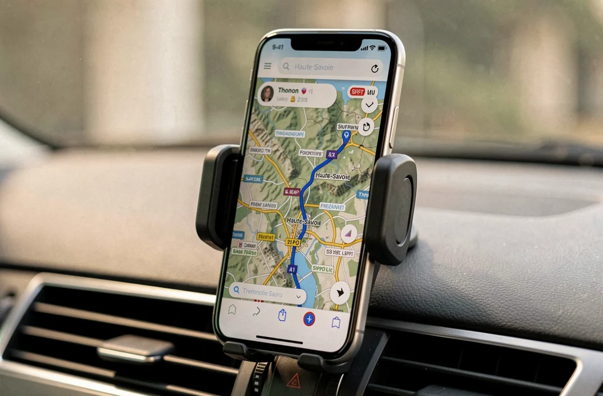 Gros plan sur une application GPS affichant un itinéraire sur la route de Thonon sur smartphone fixé dans une voiture