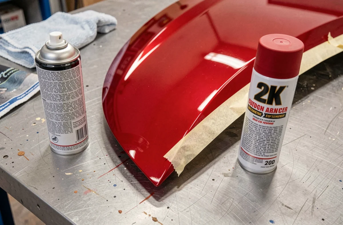 Gros plan sur une surface de carrosserie rouge fraîchement vernie avec un vernis 2K en bombe, montrant la finition brillante et lisse sur un établi d'atelier