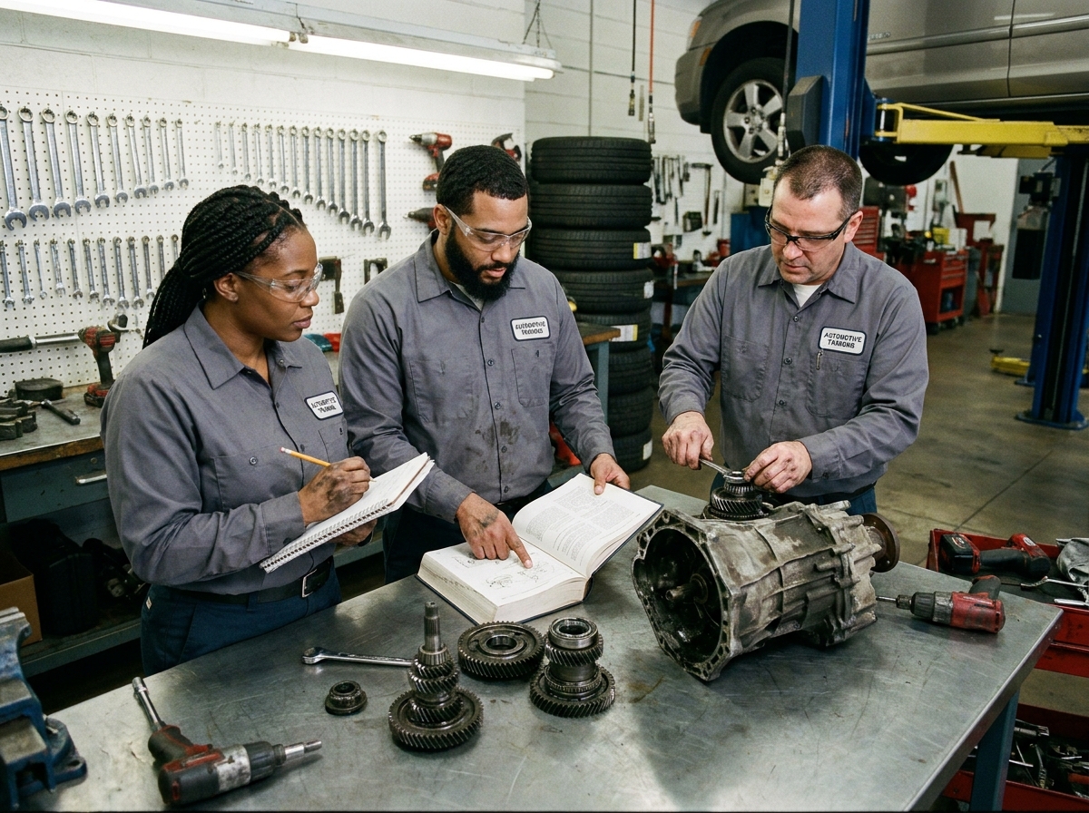 Groupe d'adultes en reconversion professionnelle travaillant ensemble sur une boîte de vitesses dans un atelier de formation automobile
