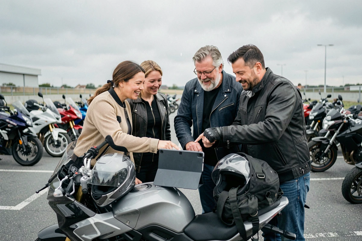 Groupe de motards réunis autour d'une tablette dans un parking pour organiser une campagne de boycott du contrôle technique moto sur les réseaux sociaux