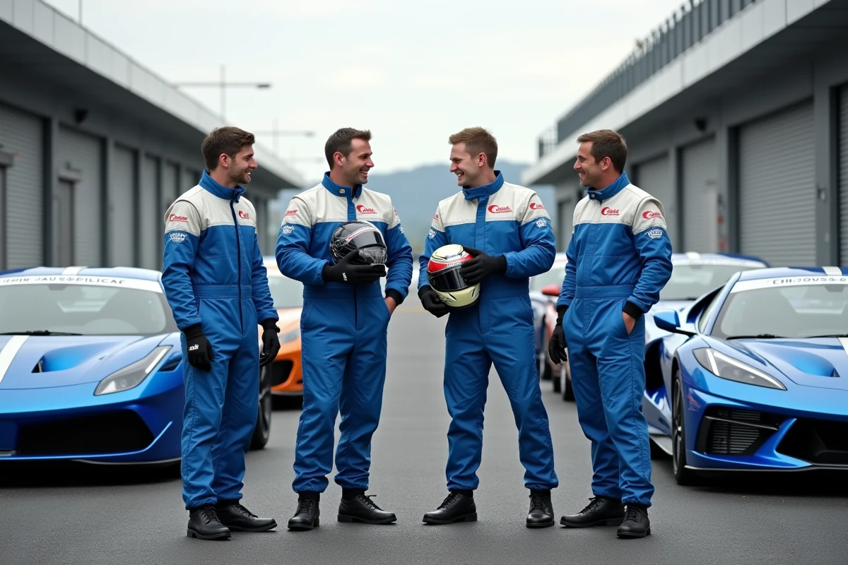 Groupe de participants en stage de pilotage sur circuit posant devant des voitures de piste dans le paddock