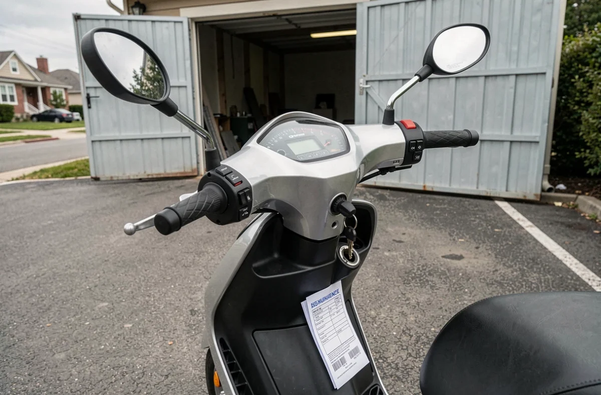 Détail du guidon d'un scooter neuf avec clé et document d'assurance, devant un garage