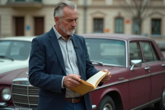 Un homme examine le carnet d'entretien d'une voiture ancienne lors d'une inspection avant revente, illustrant l'importance de l'historique complet d'un véhicule de collection
