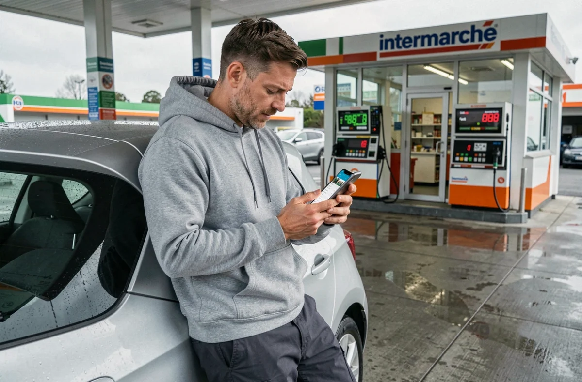 Homme consultant une application de comparaison de prix carburant sur smartphone devant une station Intermarché
