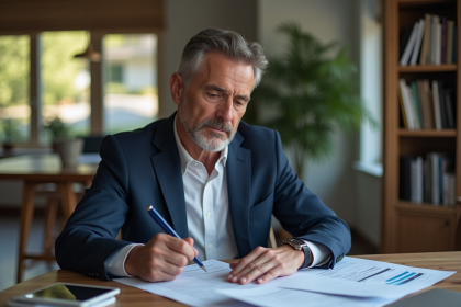 Homme d'âge moyen en costume bleu examinant des documents d'assurance auto