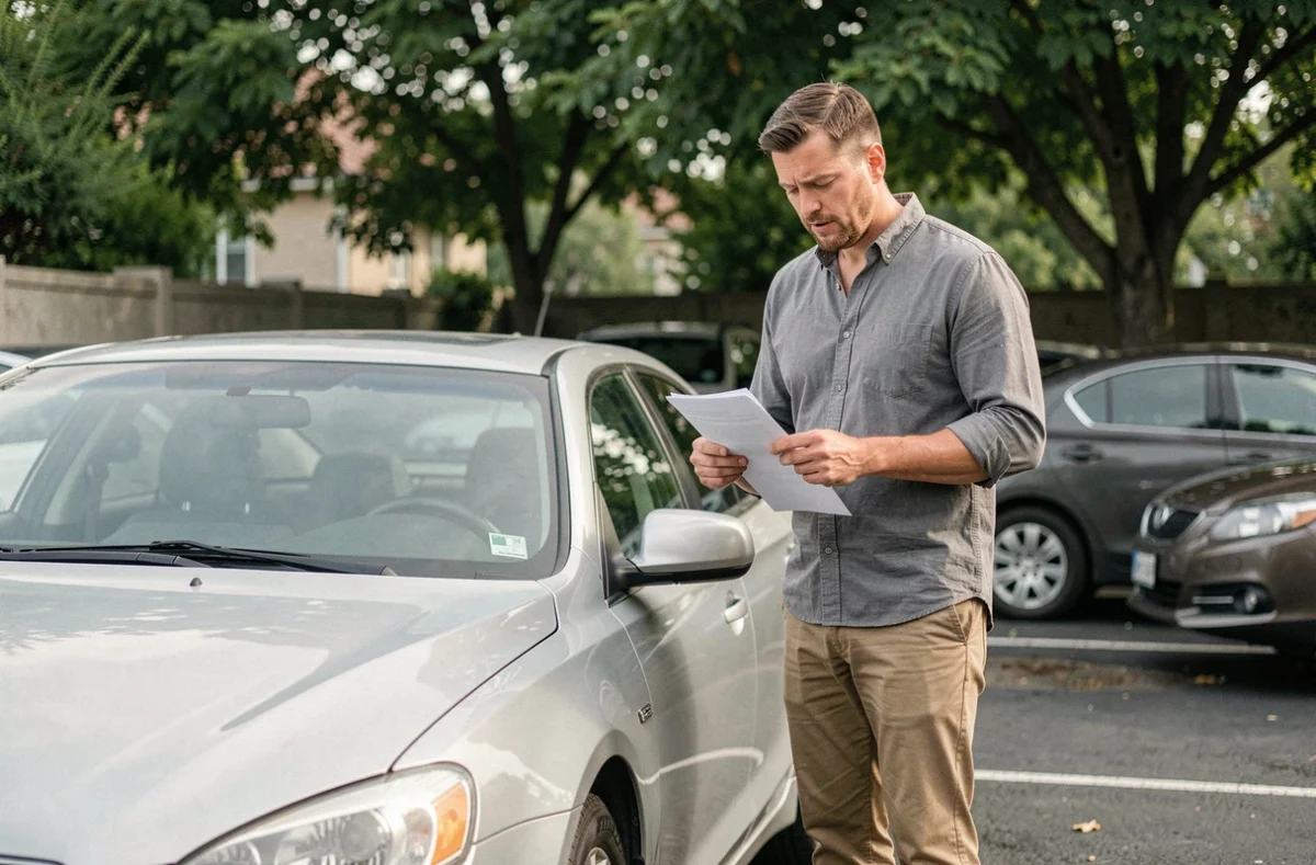 Homme debout à côté d'une voiture qui ne lui appartient pas, consultant des documents d'assurance automobile dans un parking résidentiel