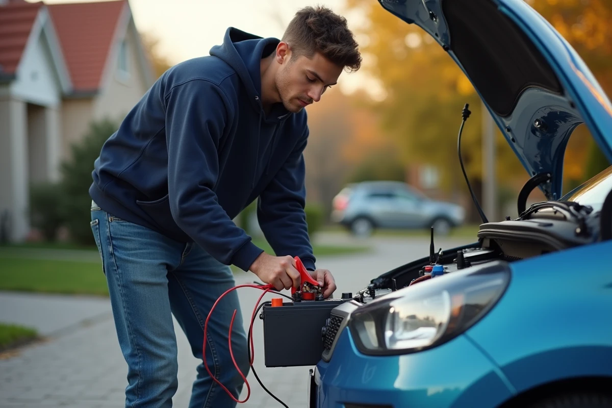 Jeune homme connectant des câbles de batterie voiture