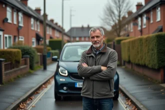 Homme d'&acirc;ge moyen pr&egrave;s d'une voiture en automne
