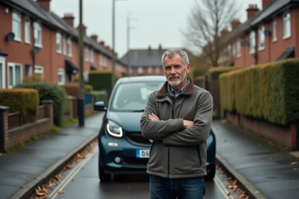 Homme d'âge moyen près d'une voiture en automne