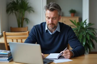 Homme d'âge moyen travaillant à un bureau avec ordinateur et notes