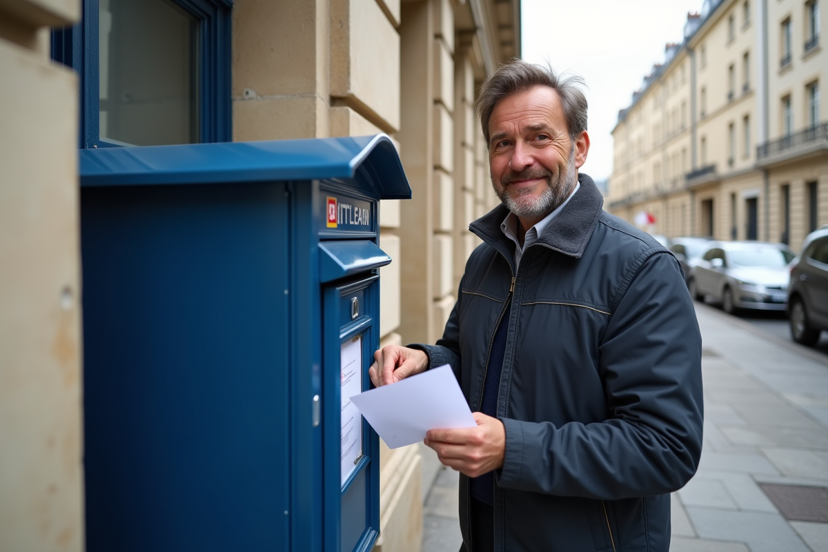 Homme souriant déposant lettre dans boîte aux lettres