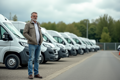 Homme d'âge moyen debout près de vans de camping en extérieur