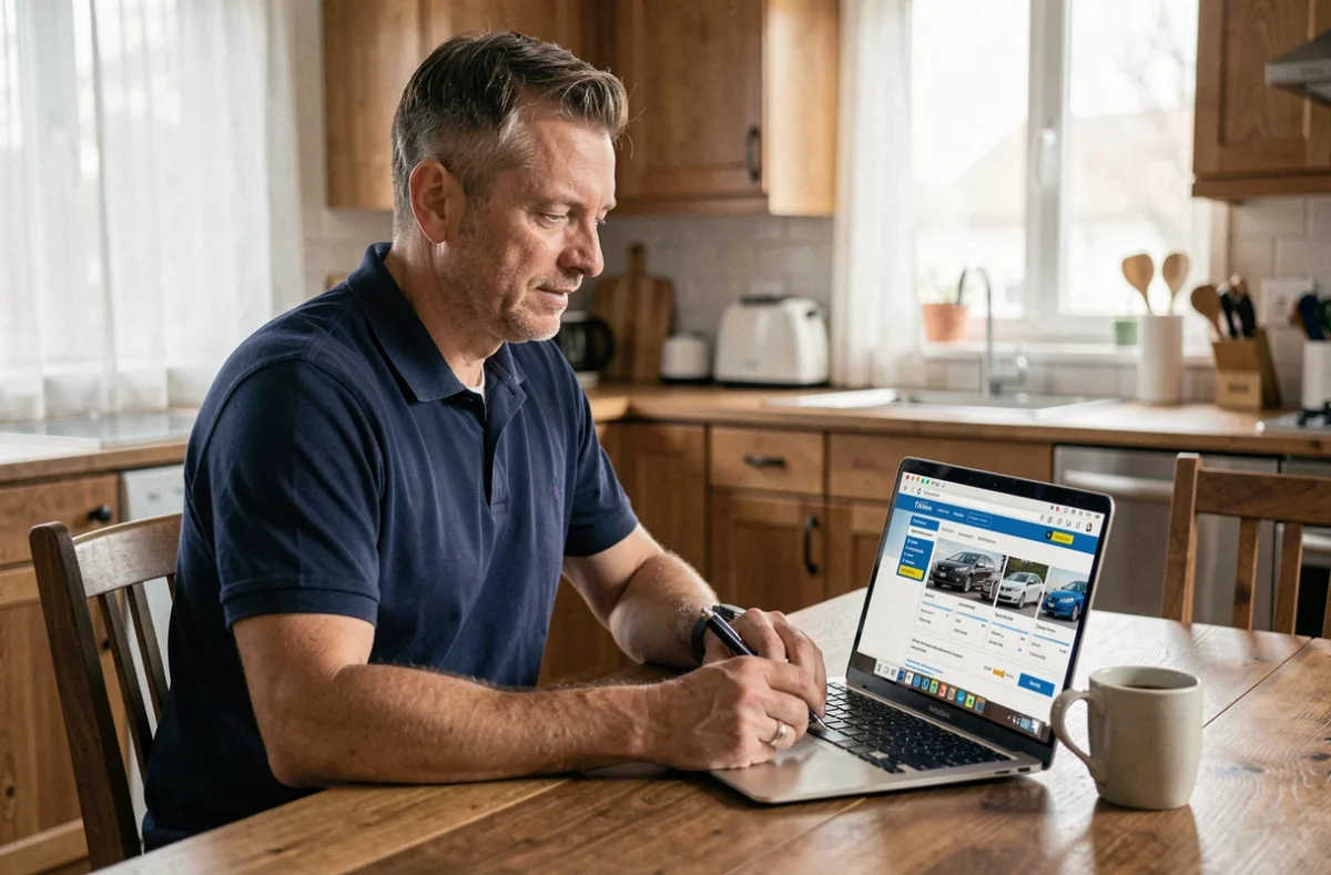 Homme comparant les prix d'assurance voiture tout risque sur internet à la maison