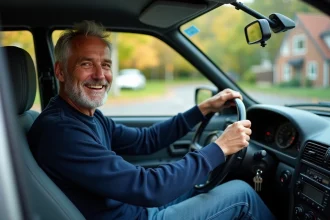 Homme souriant au volant d'une voiture d'occasion en banlieue