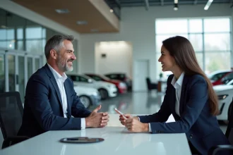 Homme en blazer bleu discutant avec une vendeuse dans un showroom automobile