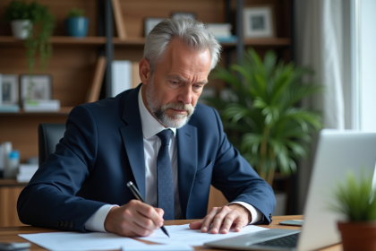 Homme d'affaires remplissant un formulaire d'assurance à domicile