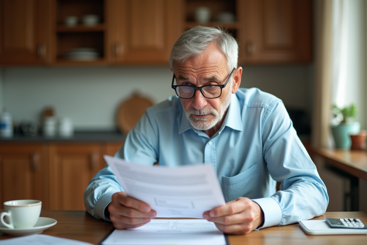 Homme d'âge moyen vérifiant un contrat d'assurance à la maison