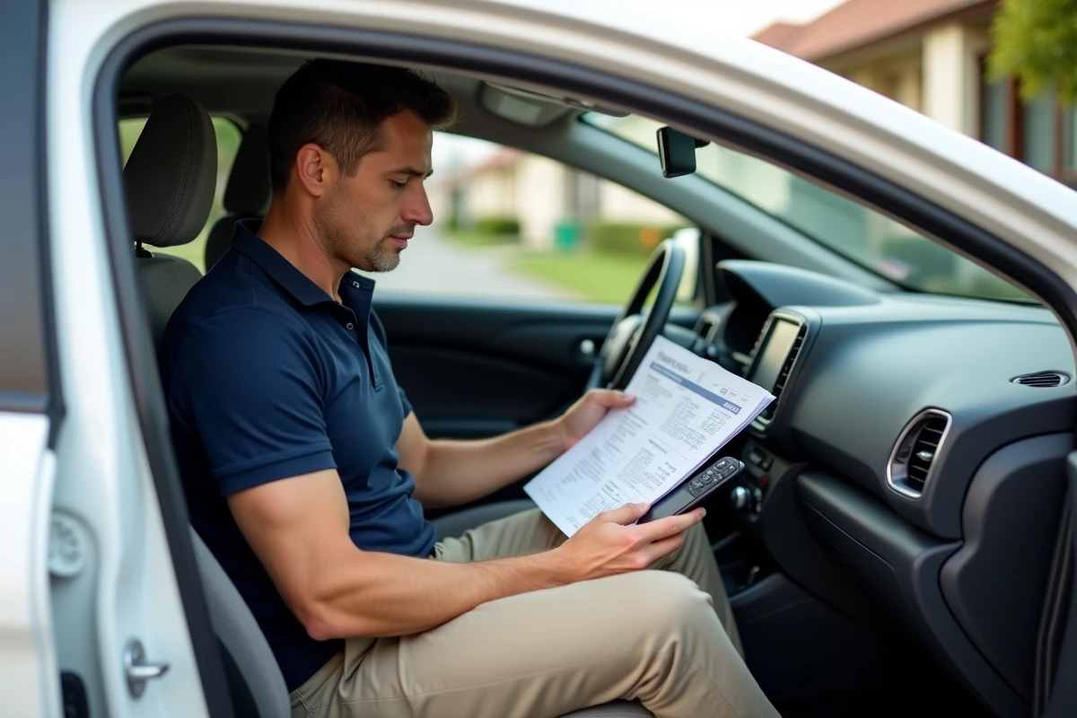 Homme au volant d'une voiture de location consultant un contrat de location mensuel et son smartphone