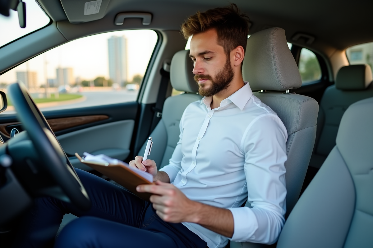 Homme concentré à remplir un document dans la voiture