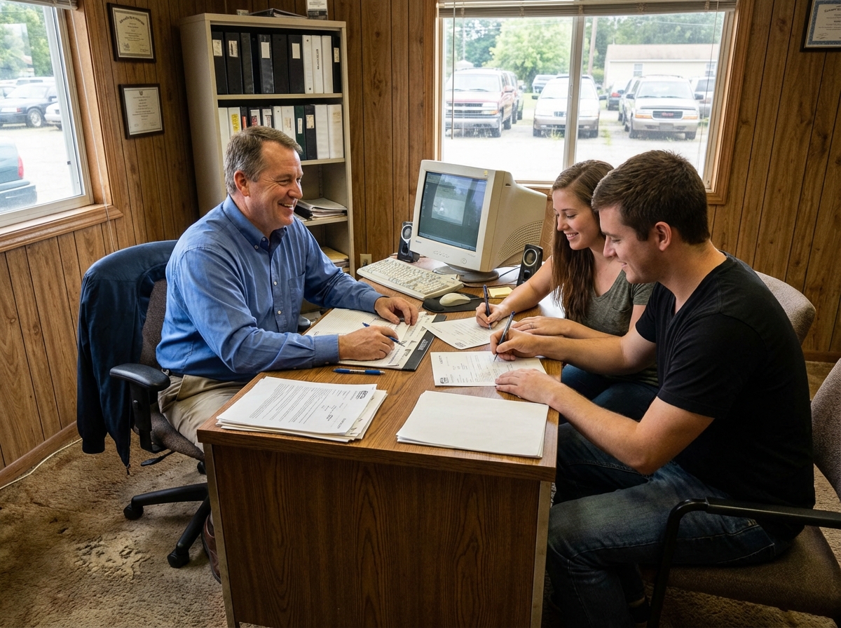 Homme souriant discutant avec un couple dans un bureau de concession