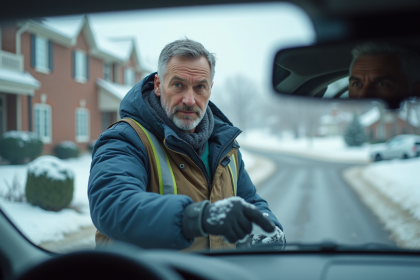 Homme en parka et gants dégageant la glace du pare-brise