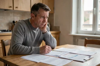 Homme inquiet consultant des documents d'assurance auto après un défaut de paiement à son domicile