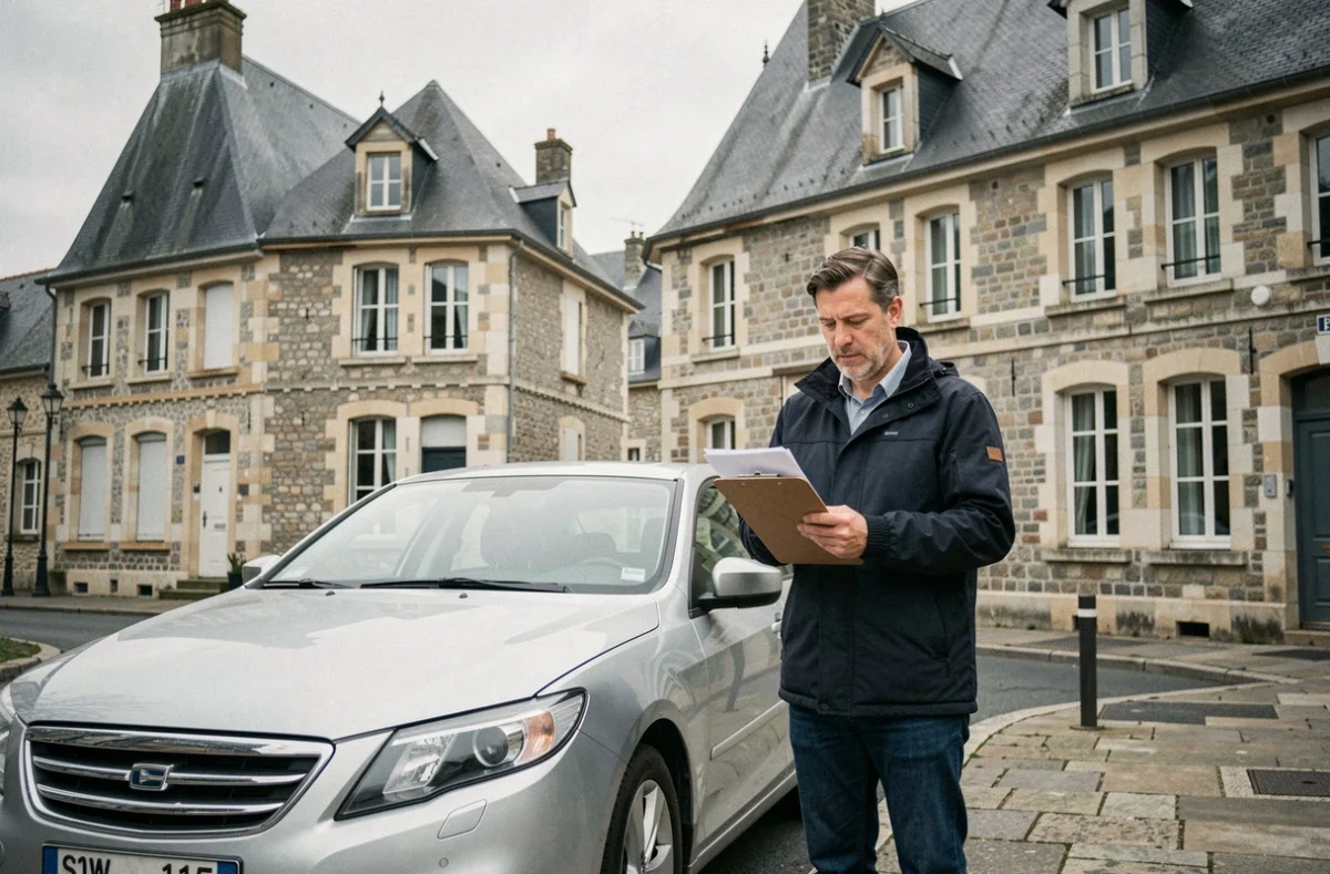 Homme consultant des documents d'assurance auto à côté de sa voiture dans une rue de Tours