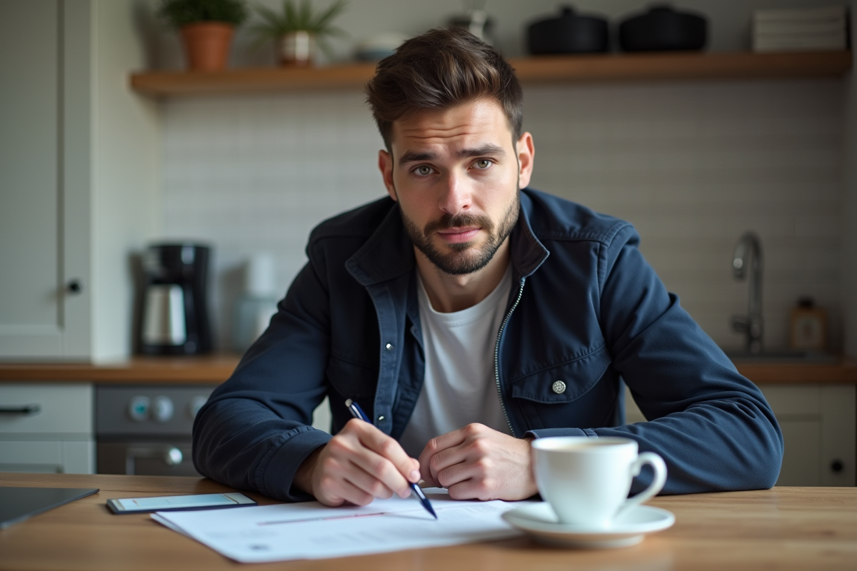 Homme lisant des documents avec permis de conduire dans une cuisine