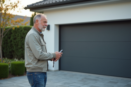 Homme pressant la télécommande devant une maison moderne