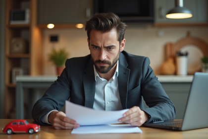 Homme inquiet examinant ses documents d'assurance voiture
