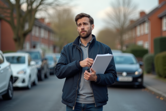 Homme inquiet avec clés et dossier près d'une voiture