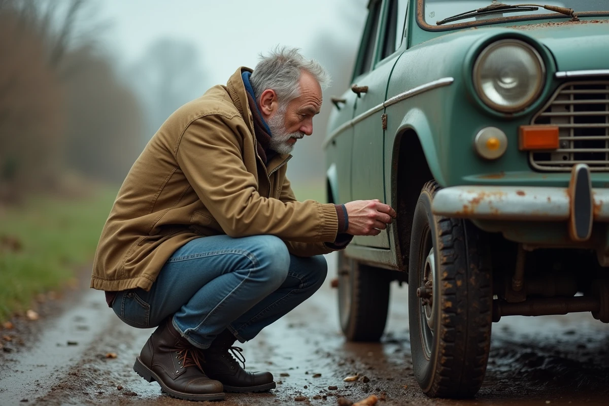 Homme inspectant la suspension d'une LADA Niva sur un chemin de terre boueux en Normandie
