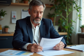 Homme en blazer bleu lisant une carte grise dans la cuisine