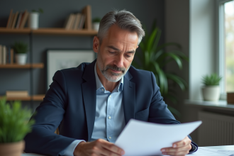 Homme en costume bleu examine des documents d'assurance à son bureau