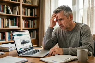 Homme mécontent consultant les avis négatifs de Transakauto sur son ordinateur portable